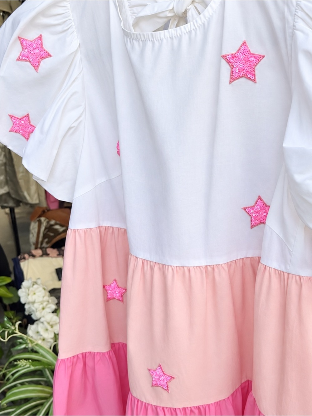 Bubble gum light pink & white ruffled puff sleeve sequin dress long bow tie back